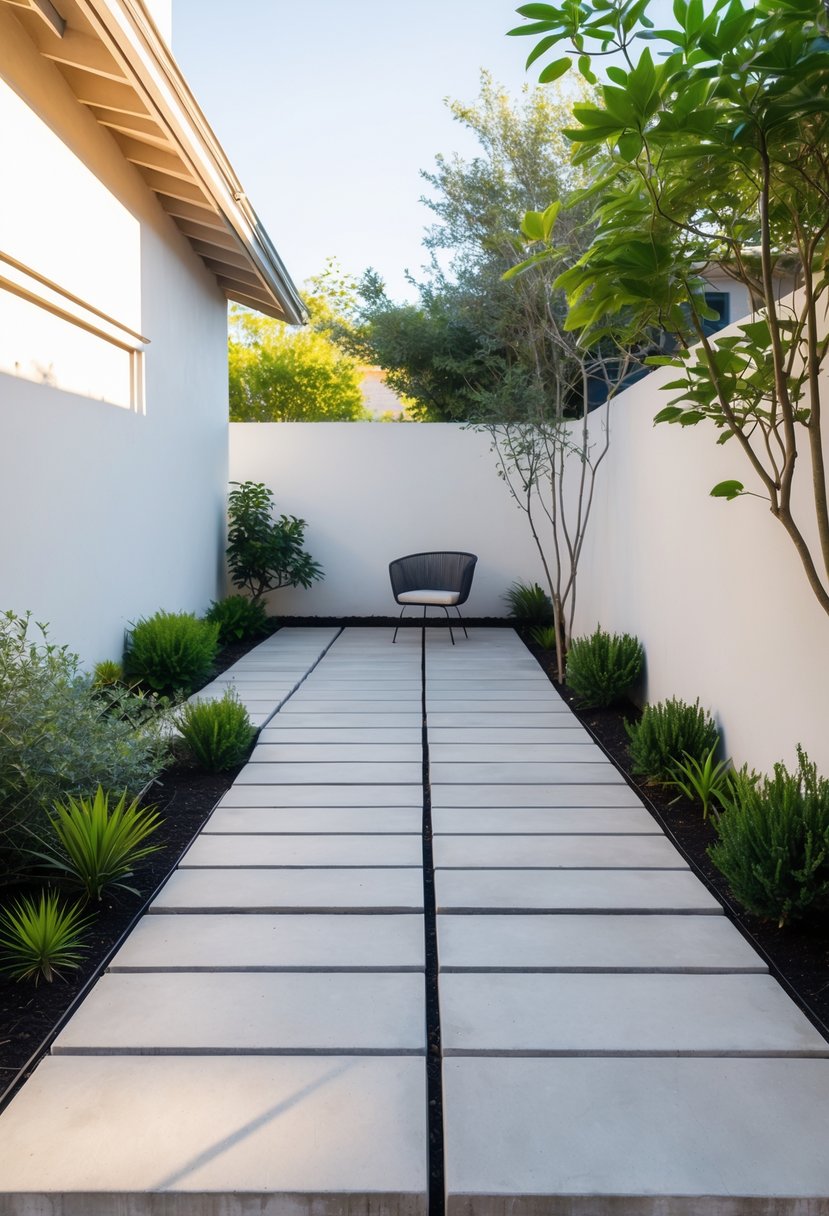 A small backyard patio with smooth concrete slabs, green plants around the edges, and a modern outdoor chair.