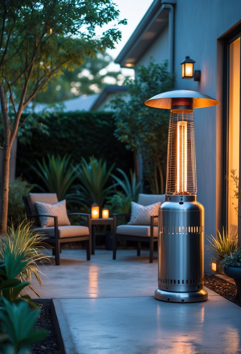 Small backyard concrete patio with outdoor seating and a propane heater providing warmth.