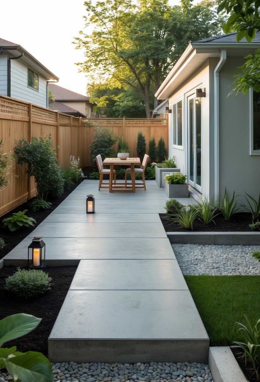 A small backyard with a ground-level concrete patio extension featuring outdoor furniture and plants.