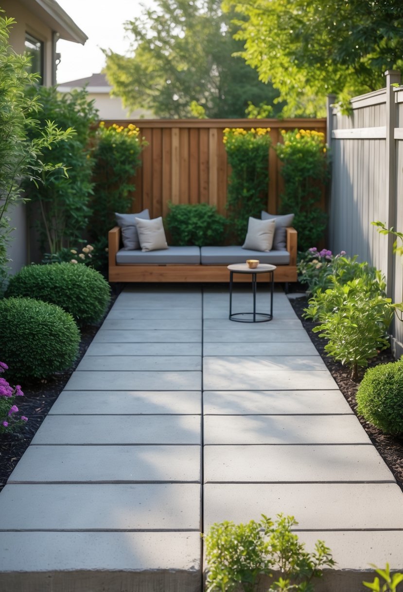 Small concrete patio in a backyard with outdoor seating, surrounded by green plants and a wooden fence.