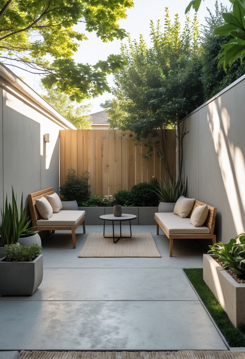 Small backyard with a concrete patio, modern outdoor furniture, plants, and a wooden fence.