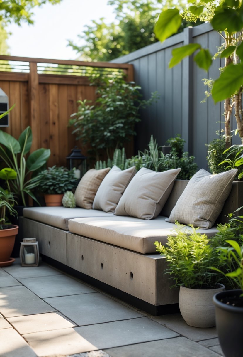 Small backyard patio with concrete benches topped with cushions surrounded by plants and a wooden fence.