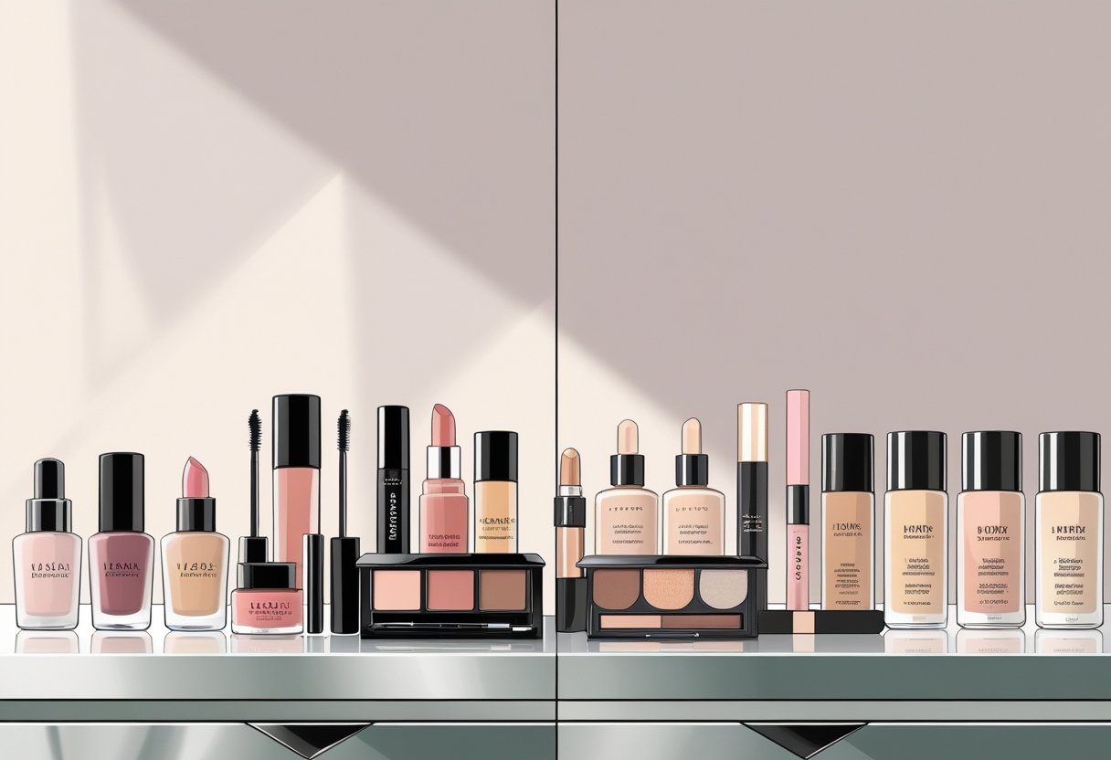 Two sets of makeup and skincare products arranged side by side on a vanity table, showing high-end beauty items next to their affordable drugstore alternatives.