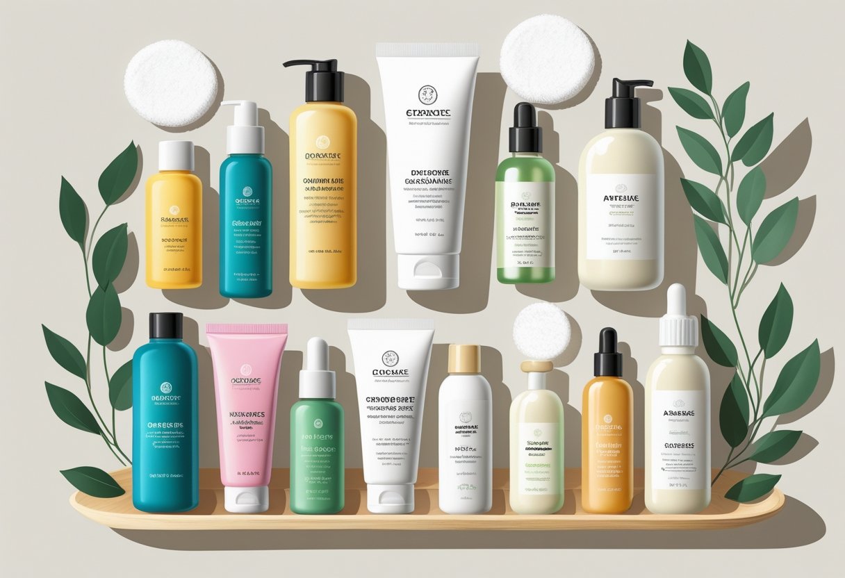 A flat lay of various affordable skincare products arranged alongside similar high-end skincare bottles and jars, with natural decorative elements like green leaves and cotton pads on a light background.