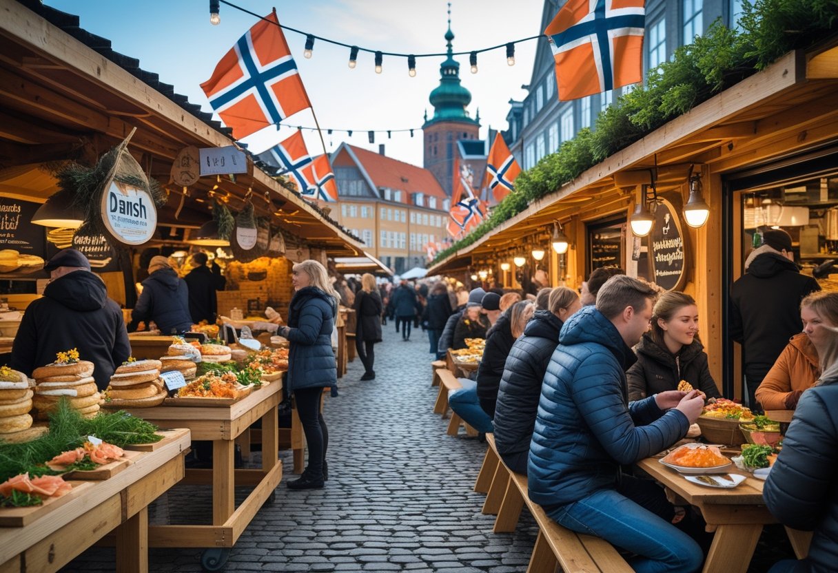 Outdoor Danish street food market with people enjoying traditional dishes like open-faced sandwiches and meatballs at wooden stalls on a sunny day.
