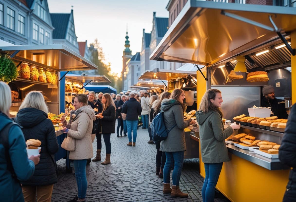 Outdoor street food market in Copenhagen with people enjoying Danish food from colorful stalls and trucks.