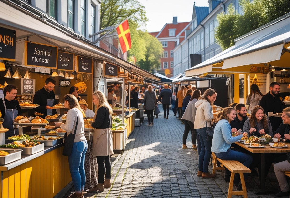 A busy outdoor street food market in Denmark with vendors serving Danish and international foods to people enjoying their meals at communal tables.