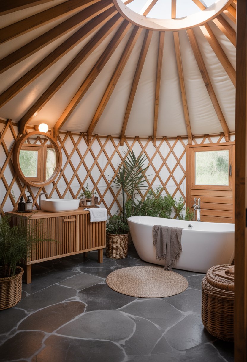 Interior of a yurt bathroom with a freestanding bathtub, wooden vanity, round mirror, plants, and natural light.