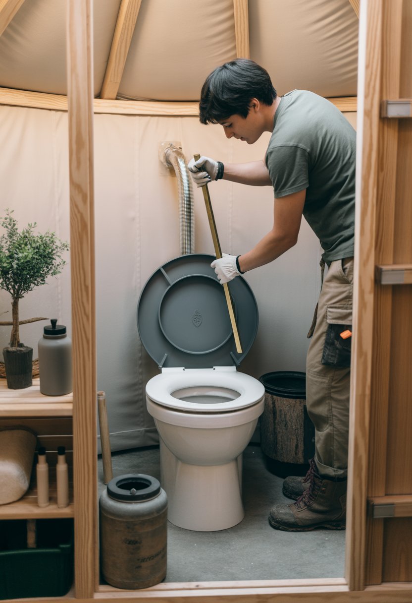 Person installing a composting toilet inside a yurt bathroom with wooden walls and eco-friendly features.