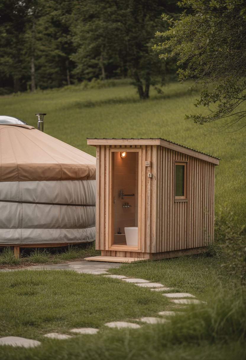 A small wooden exterior bathhouse next to a round yurt in a green outdoor setting.