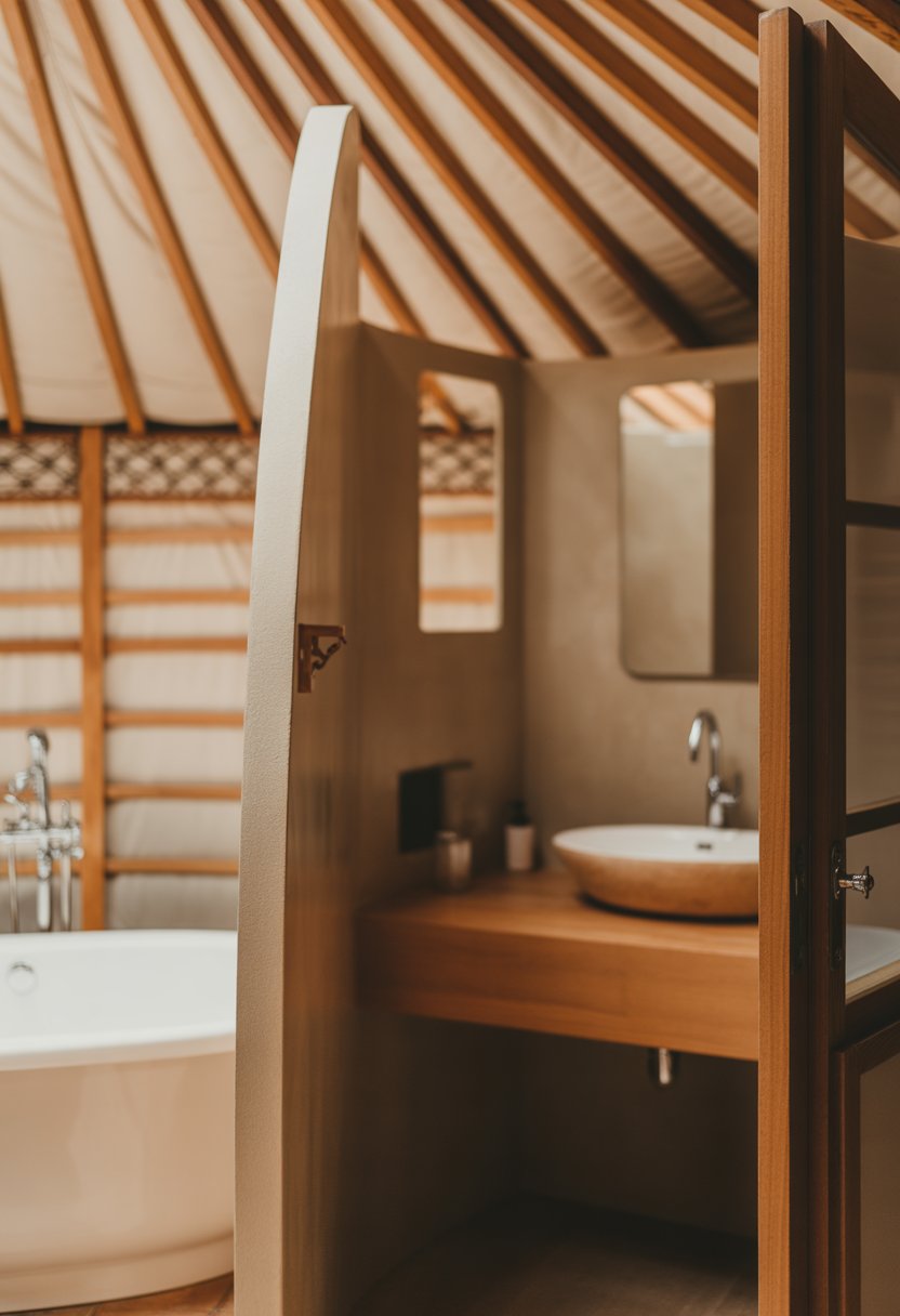 Bathroom inside a yurt with a curved wall partition, a bathtub, sink, and wooden elements.