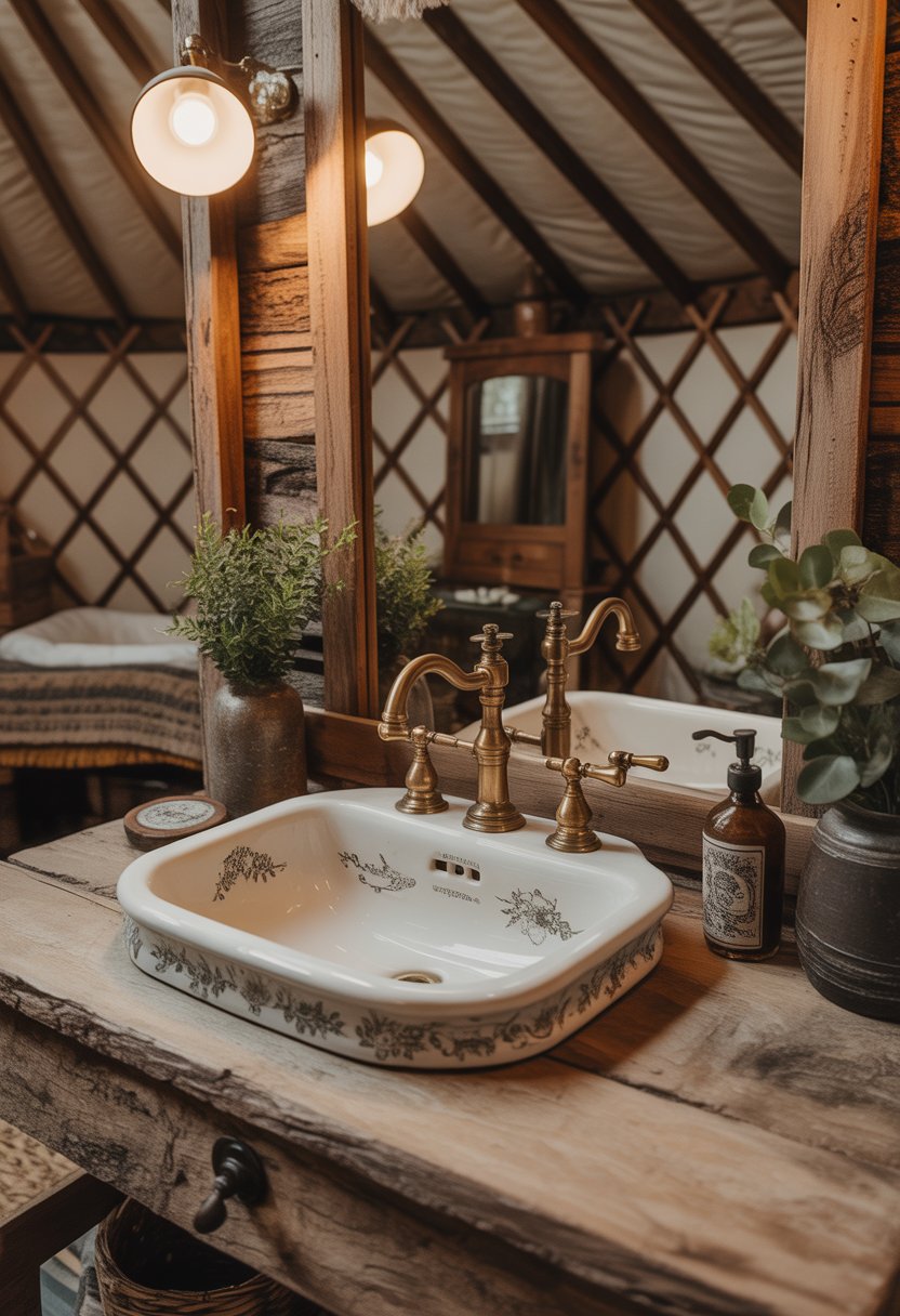 A bathroom inside a yurt with a vintage sink and wooden vanity, natural materials, and decorative plants.