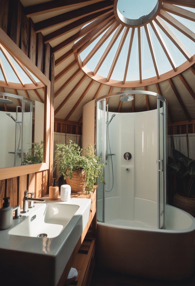 A bright yurt bathroom with a skylight above, featuring wooden walls, a bathtub, a sink, and plants illuminated by natural light.