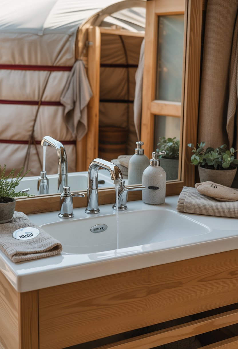 A hand-washing station with water-saving taps in a bathroom featuring natural wood and yurt-inspired design elements.
