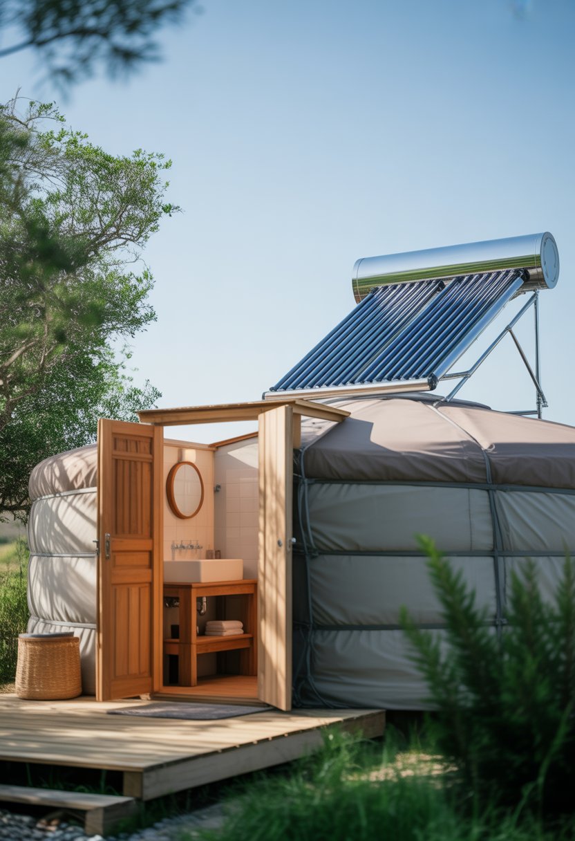 A yurt with a bathroom area and solar water heating panels installed nearby under a clear sky surrounded by greenery.