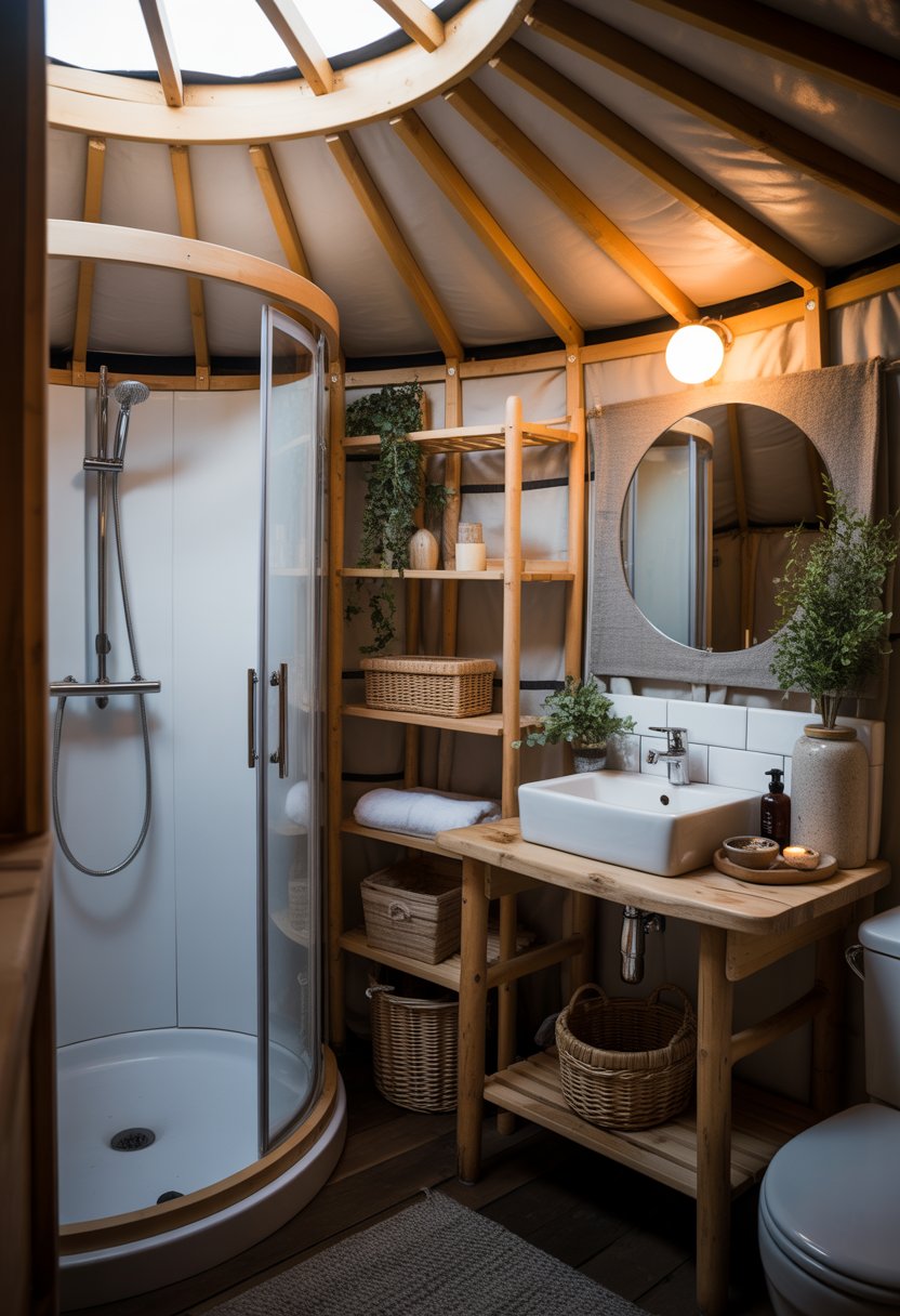 Interior of a small bathroom inside a yurt with wooden walls, a shower, sink, shelves, and a window letting in natural light.