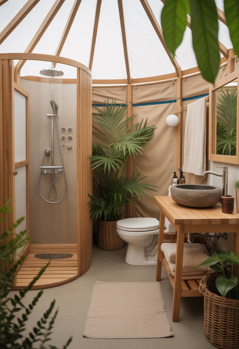 Interior of a yurt bathroom with wooden accents, plants, a shower area, and eco-friendly fixtures.