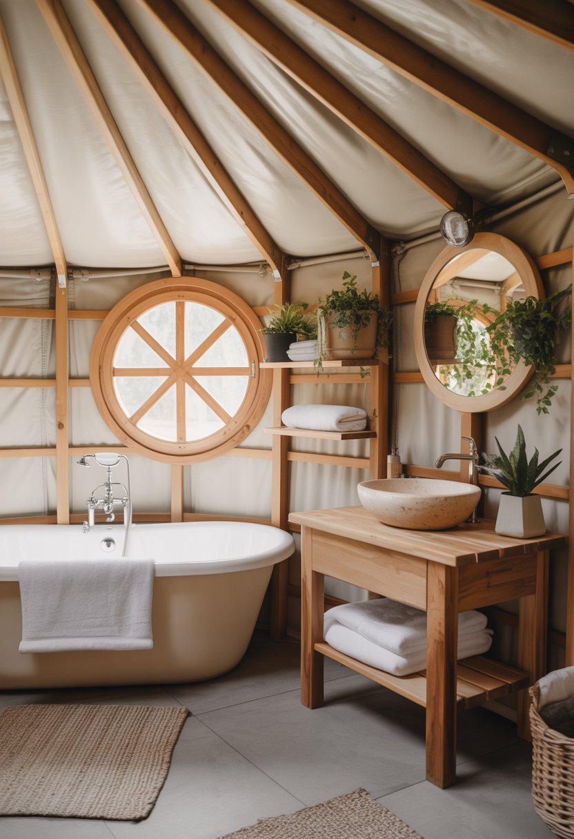 A cozy yurt bathroom with a round window, freestanding bathtub, wooden vanity with sink, plants, and natural light.