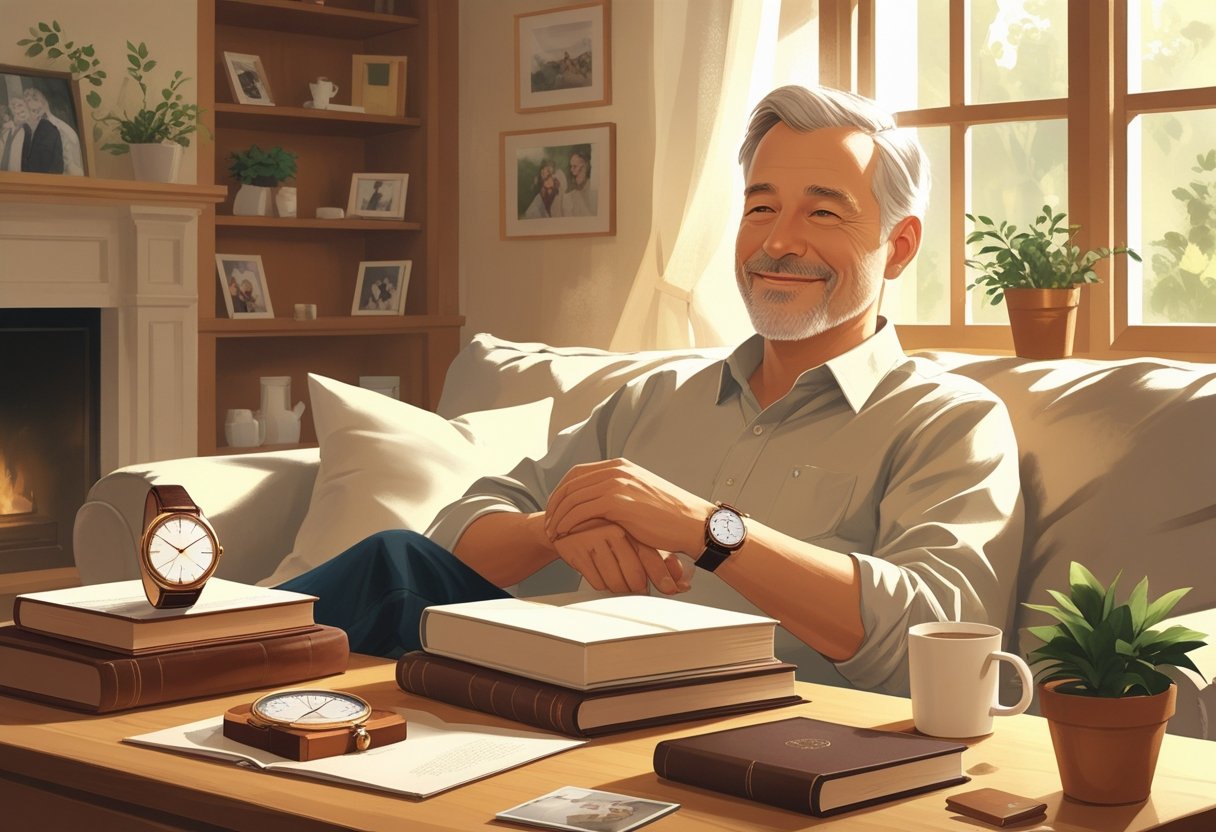 Homem sentado em uma sala aconchegante, cercado por várias opções de presentes para o Dia dos Pais.