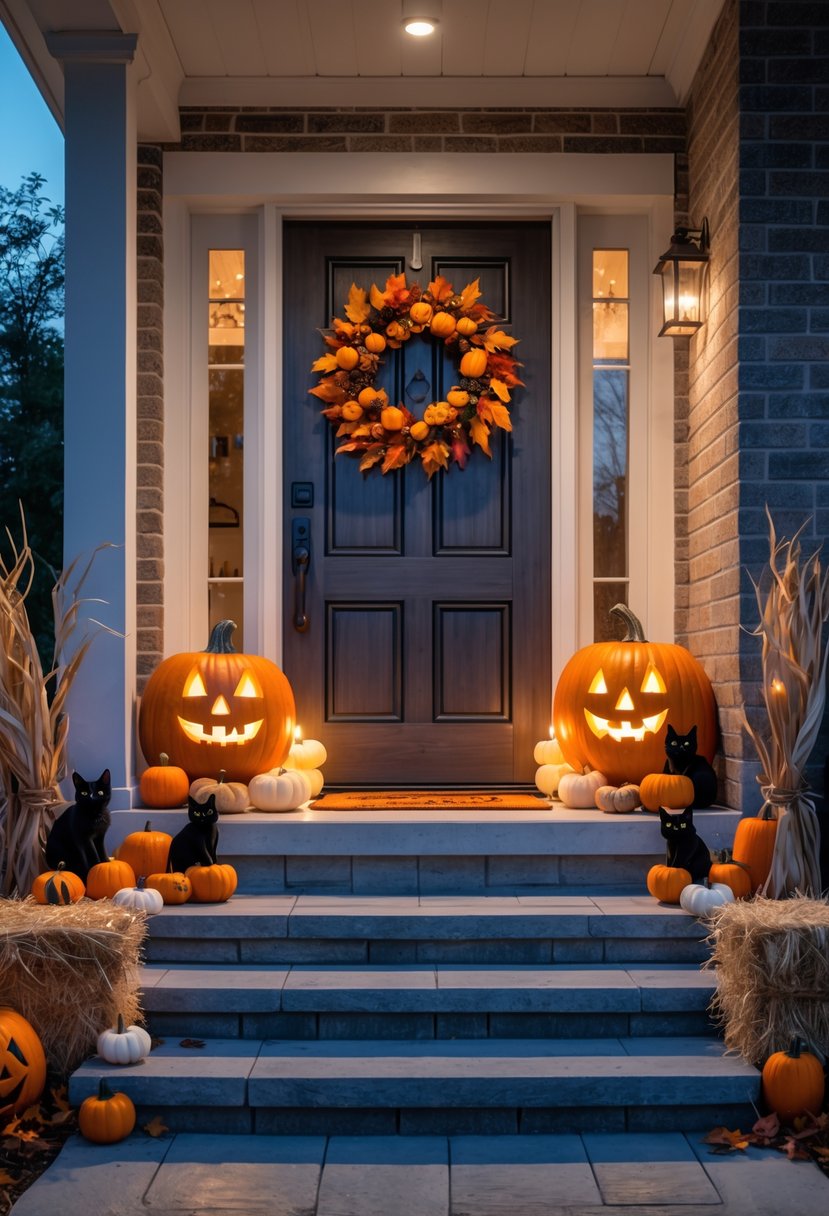 18 Halloween Home Entry Ideas 2025: Creative Ways to Welcome Guests This Spooky Season 2 A home entrance decorated with pumpkins, an autumn wreath, and Halloween-themed ornaments on the steps and pathway.