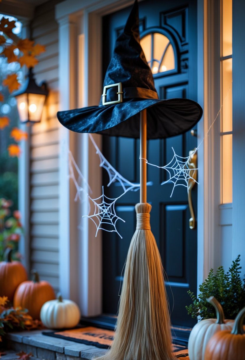 18 Halloween Home Entry Ideas 2025: Creative Ways to Welcome Guests This Spooky Season 3 A front porch decorated for Halloween with a hanging witch hat, broom, and fake spiders.