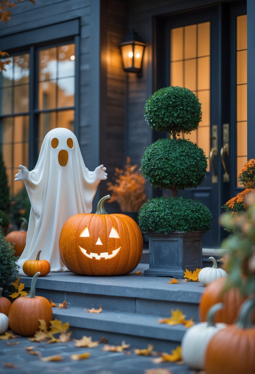 18 Halloween Home Entry Ideas 2025: Creative Ways to Welcome Guests This Spooky Season 4 Front entryway of a house with pumpkin and ghost-shaped topiary plants decorated for Halloween.
