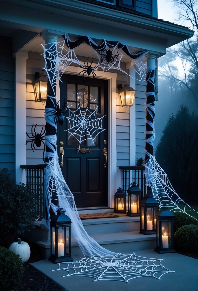 18 Halloween Home Entry Ideas 2025: Creative Ways to Welcome Guests This Spooky Season 5 A front porch decorated with black and white spider webs, black spiders, lanterns, and Halloween decorations at dusk.