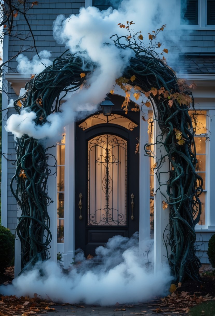 18 Halloween Home Entry Ideas 2025: Creative Ways to Welcome Guests This Spooky Season 6 Front gate with a vine-covered archway emitting smoke, creating a spooky Halloween home entrance.