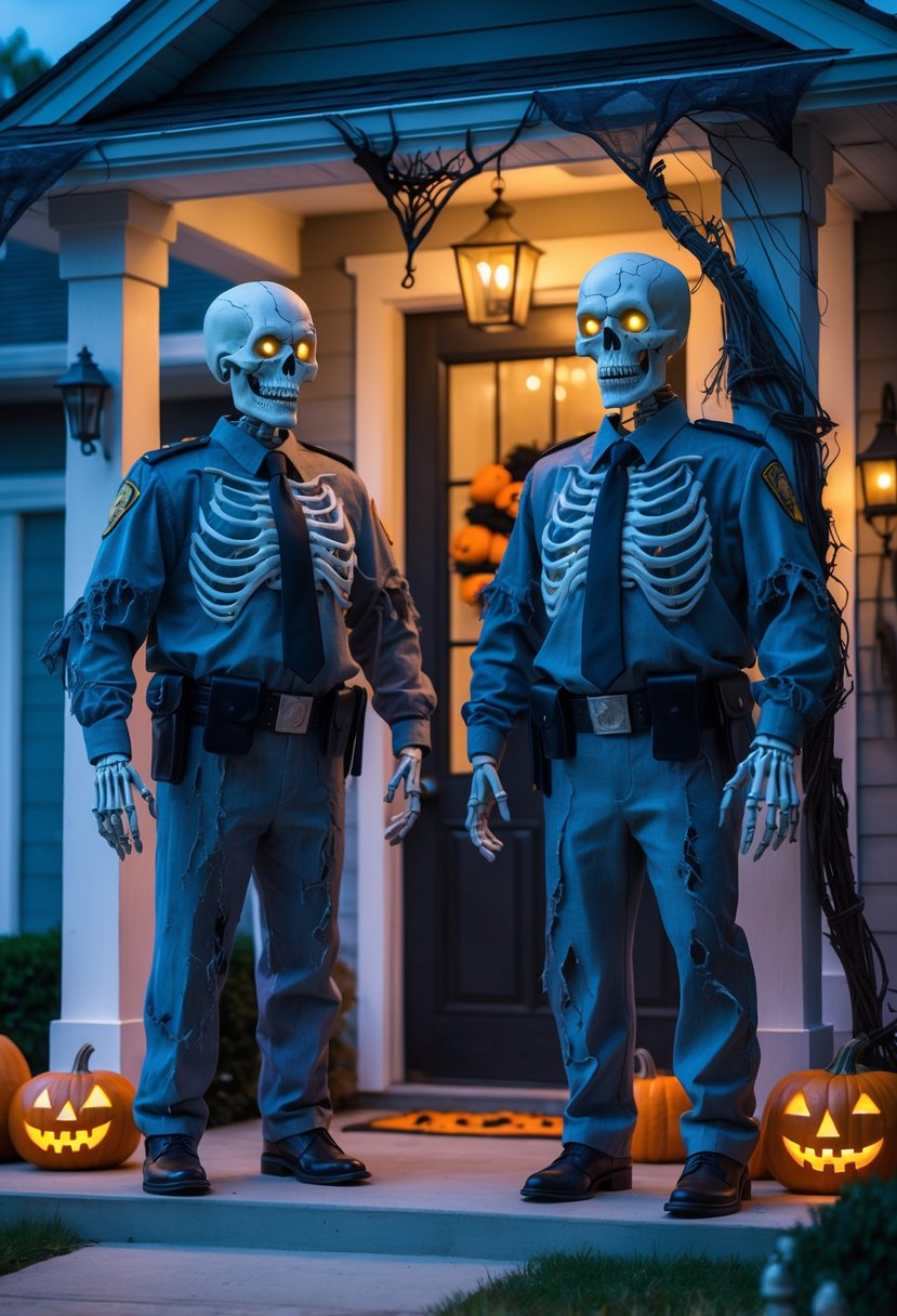 18 Halloween Home Entry Ideas 2025: Creative Ways to Welcome Guests This Spooky Season 7 Two oversized skeletons dressed as security guards stand at the entrance of a decorated Halloween home with pumpkins and cobwebs.
