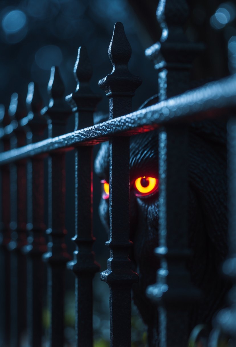 18 Halloween Home Entry Ideas 2025: Creative Ways to Welcome Guests This Spooky Season 8 Glowing red eyes visible through black wrought iron fencing in a dark setting.