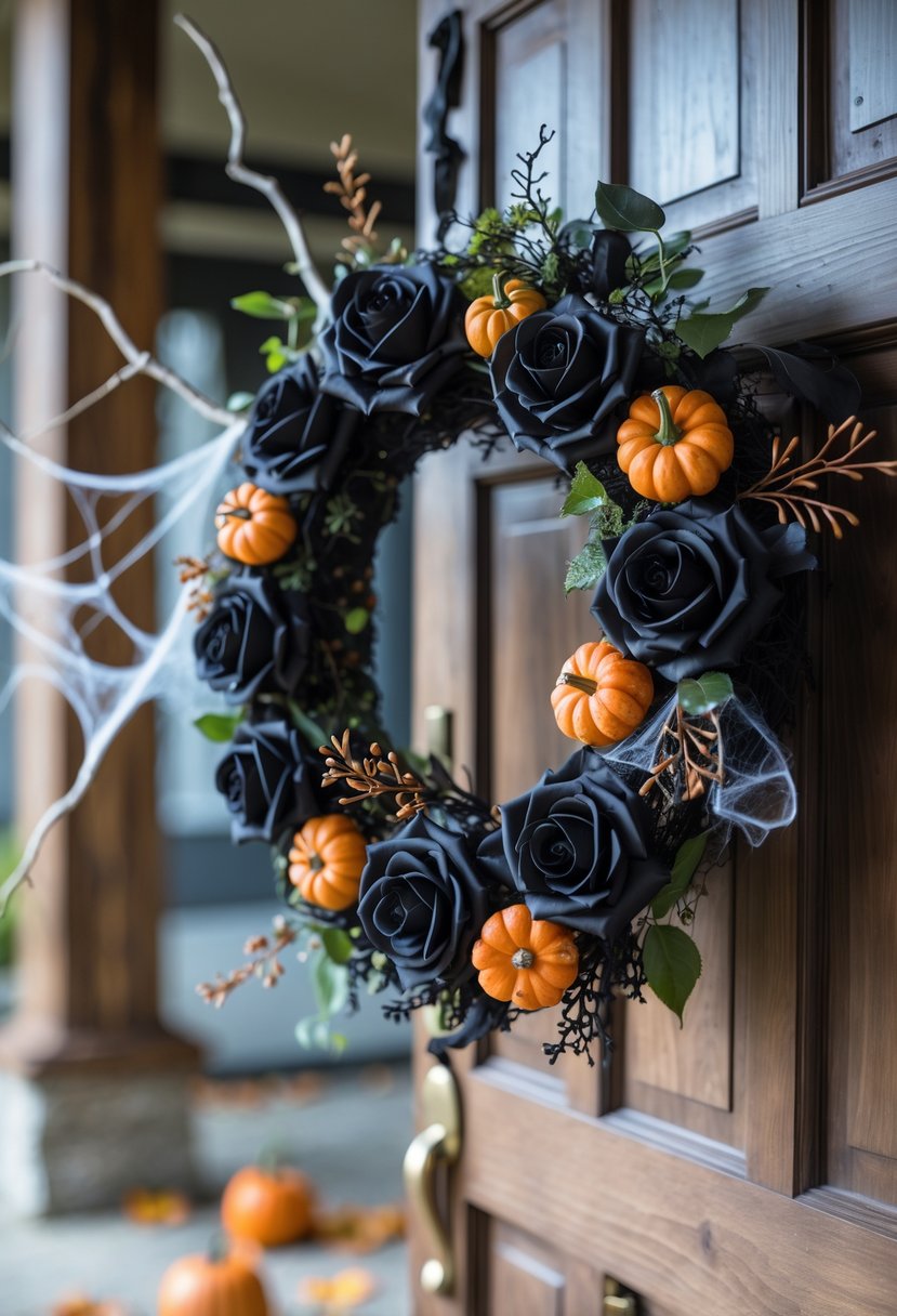 18 Halloween Home Entry Ideas 2025: Creative Ways to Welcome Guests This Spooky Season 9 A homemade Halloween wreath with black roses and small pumpkins hanging on a wooden front door with autumn leaves on the ground.