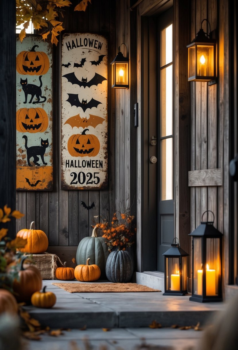 18 Halloween Home Entry Ideas 2025: Creative Ways to Welcome Guests This Spooky Season 10 A home entry decorated with Halloween-themed wall art and autumn decorations including pumpkins, bats, and lanterns.