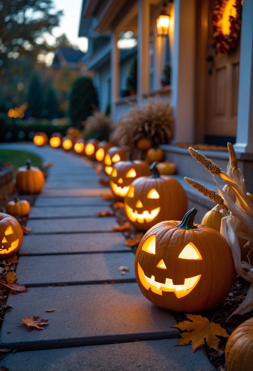 18 Halloween Home Entry Ideas 2025: Creative Ways to Welcome Guests This Spooky Season 11 Walkway lined with glowing carved pumpkin lanterns leading to a home entrance decorated for Halloween.