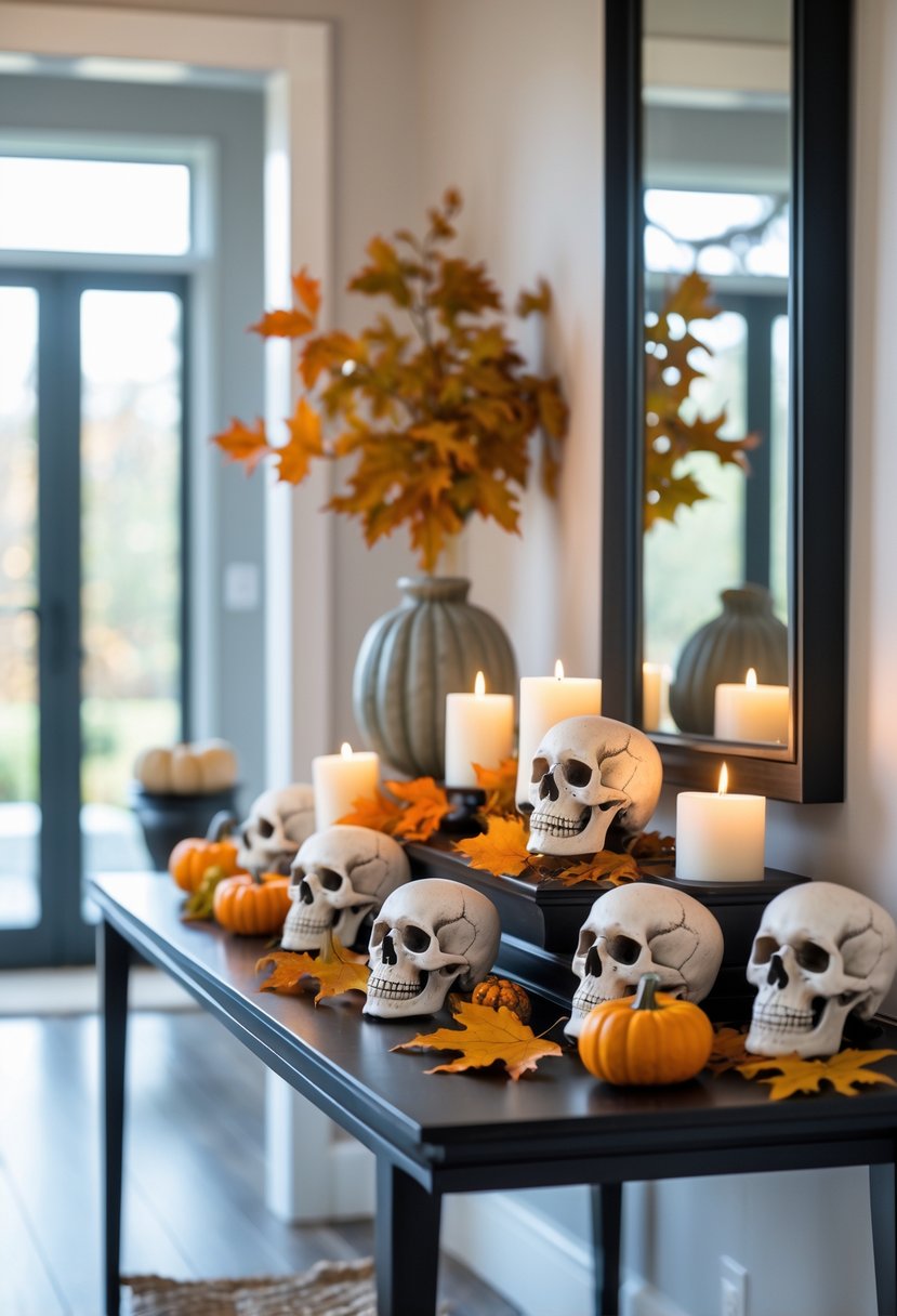 18 Halloween Home Entry Ideas 2025: Creative Ways to Welcome Guests This Spooky Season 12 An entryway table decorated with miniature skulls, small pumpkins, and autumn leaves in a home setting.