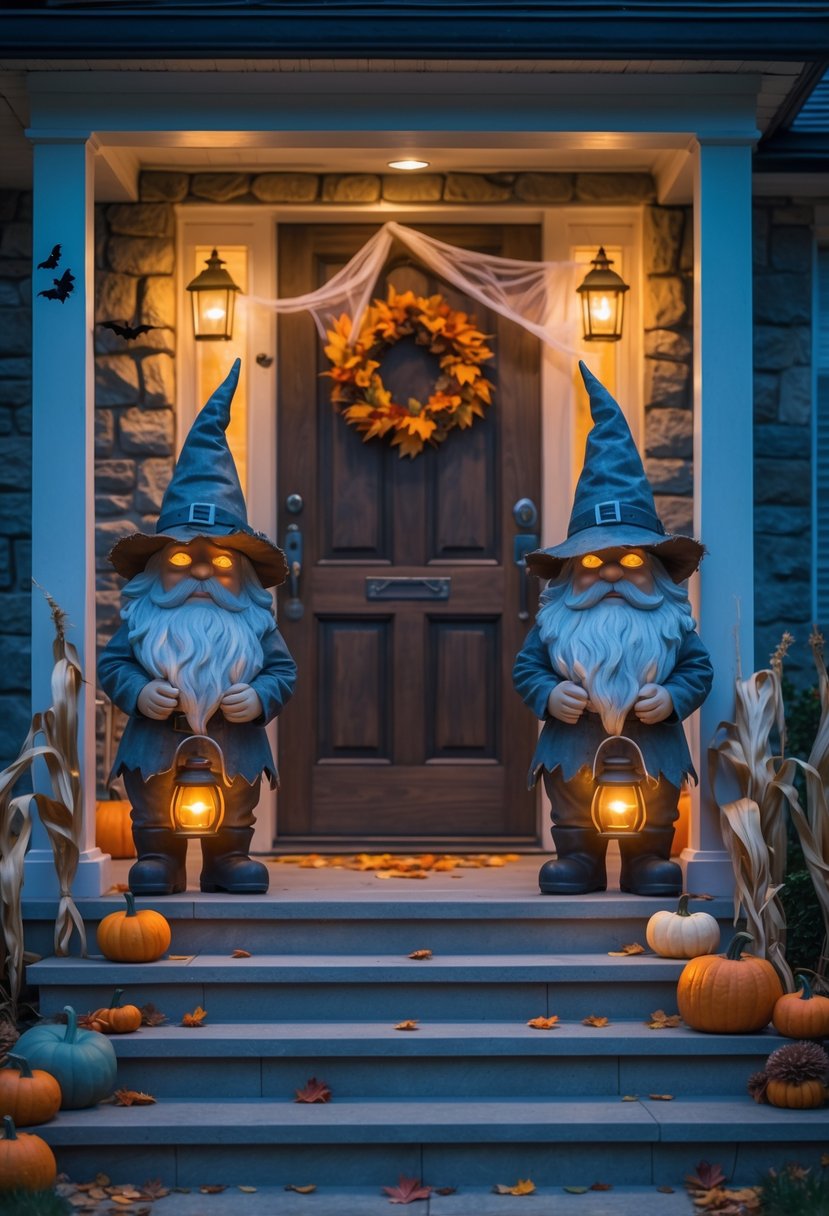18 Halloween Home Entry Ideas 2025: Creative Ways to Welcome Guests This Spooky Season 13 Two spooky gnome statues with glowing eyes stand on either side of a decorated home doorstep with pumpkins, corn stalks, and cobwebs in the evening.