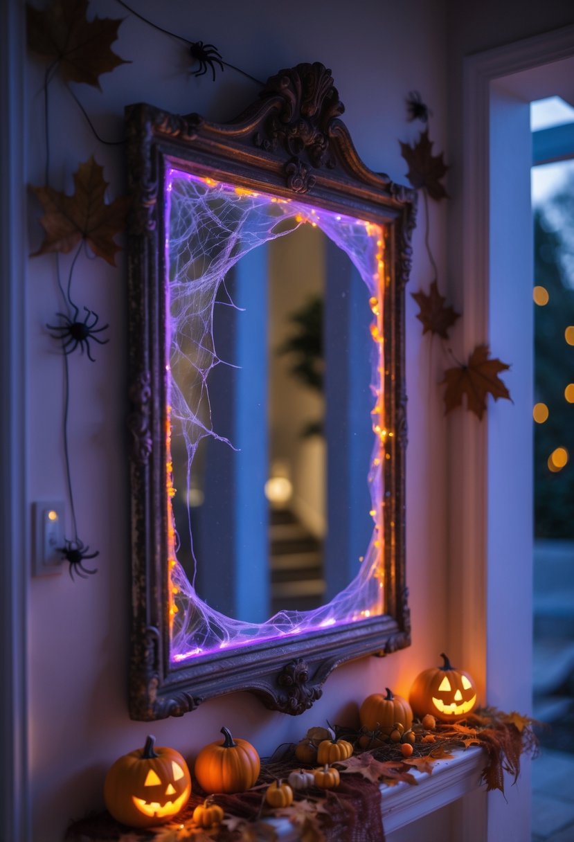 18 Halloween Home Entry Ideas 2025: Creative Ways to Welcome Guests This Spooky Season 14 An ornate mirror with flickering orange and purple lights, decorated with cobwebs and pumpkins at a home entryway for Halloween.