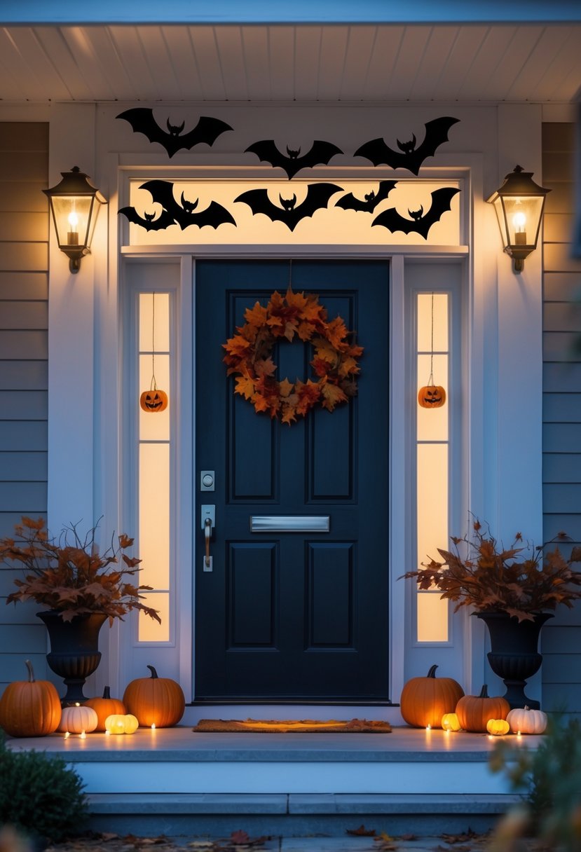18 Halloween Home Entry Ideas 2025: Creative Ways to Welcome Guests This Spooky Season 15 Home entryway with fake hanging bats above the doorframe and autumn decorations on the porch.