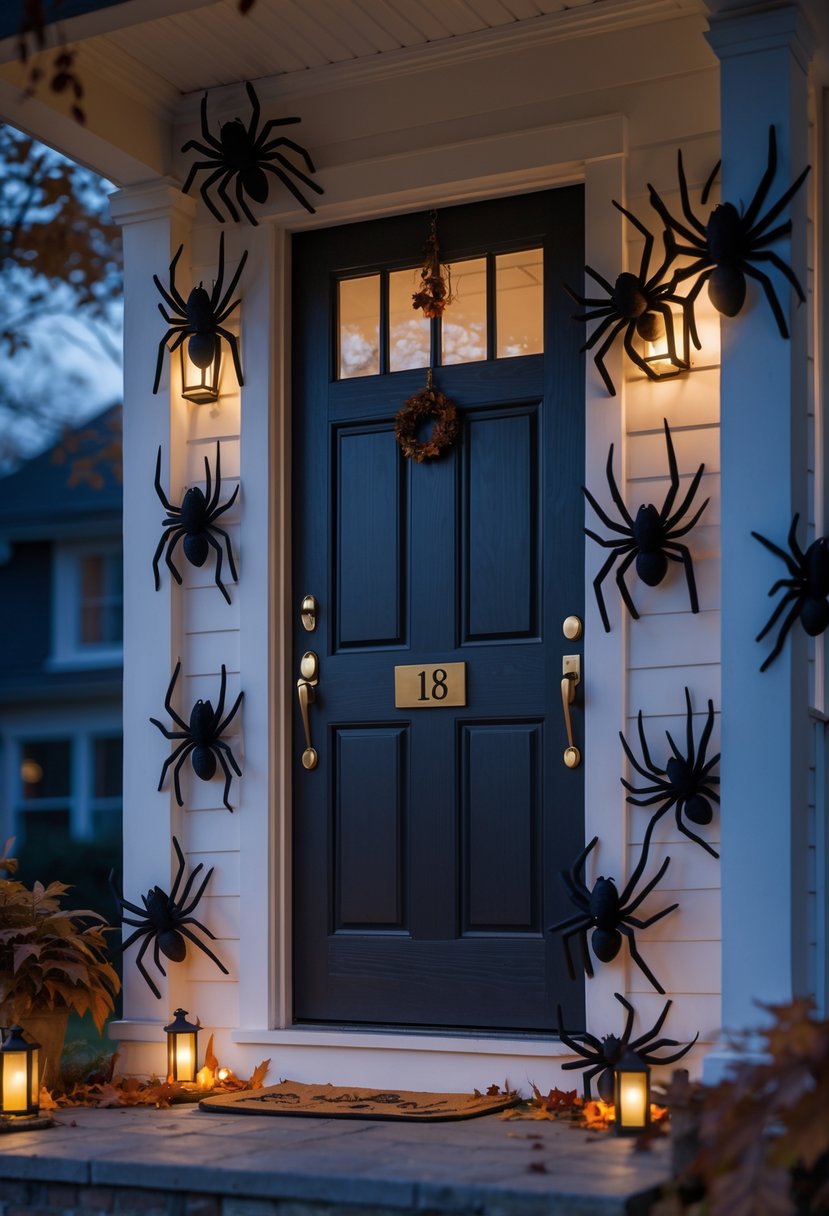 18 Halloween Home Entry Ideas 2025: Creative Ways to Welcome Guests This Spooky Season 16 A front door numbered 18 decorated with clusters of crawling spiders around the frame, creating a spooky Halloween scene.