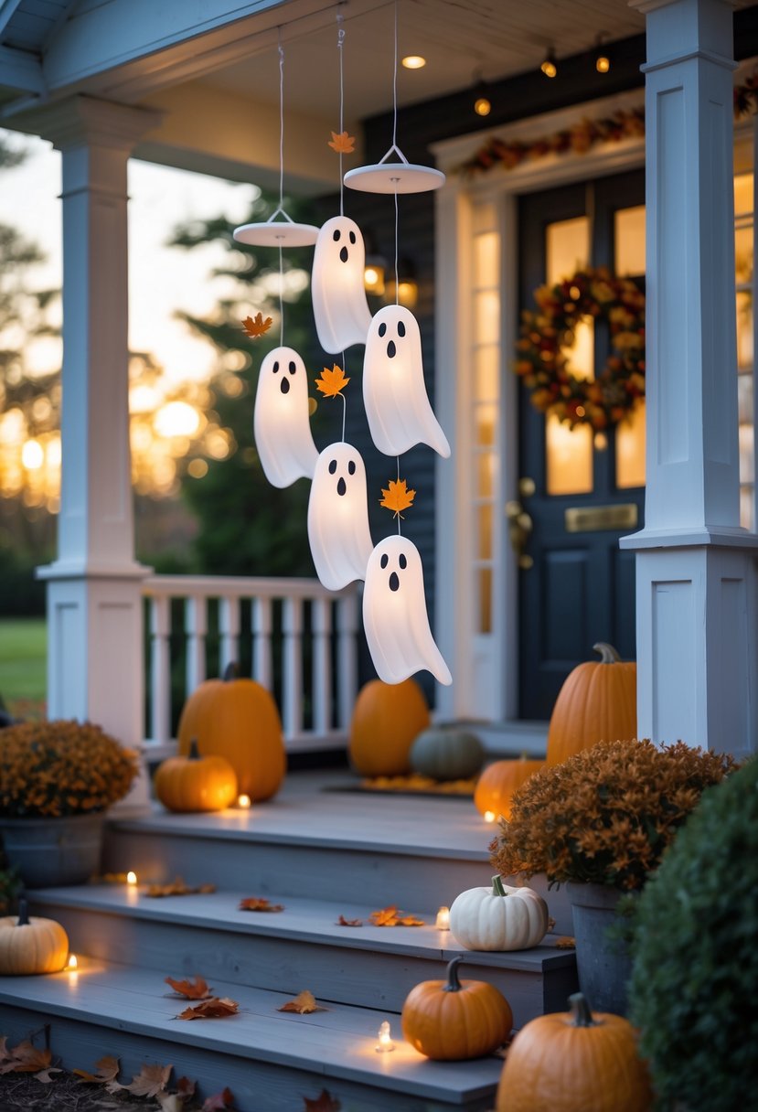 18 Halloween Home Entry Ideas 2025: Creative Ways to Welcome Guests This Spooky Season 17 Porch entrance decorated with ghost-shaped wind chimes and autumn decorations for Halloween.