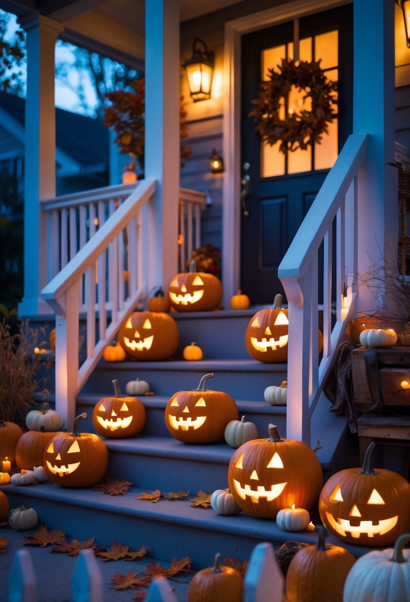 18 Halloween Home Entry Ideas 2025: Creative Ways to Welcome Guests This Spooky Season 18 A front porch decorated with glowing LED jack-o’-lanterns and autumn decorations for Halloween.