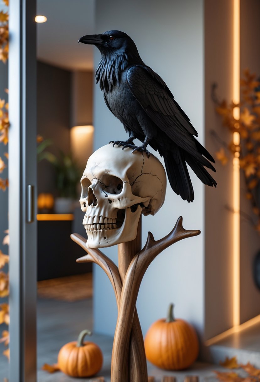 18 Halloween Home Entry Ideas 2025: Creative Ways to Welcome Guests This Spooky Season 19 Coat rack with a skull and a black raven displayed, set in a decorated home entryway with autumn decorations.