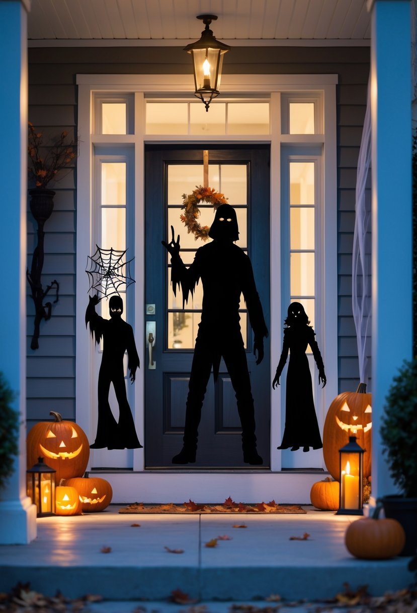 18 Halloween Home Entry Ideas 2025: Creative Ways to Welcome Guests This Spooky Season 20 A front door decorated with black horror movie character silhouette decals and Halloween decorations including pumpkins and lanterns at dusk.