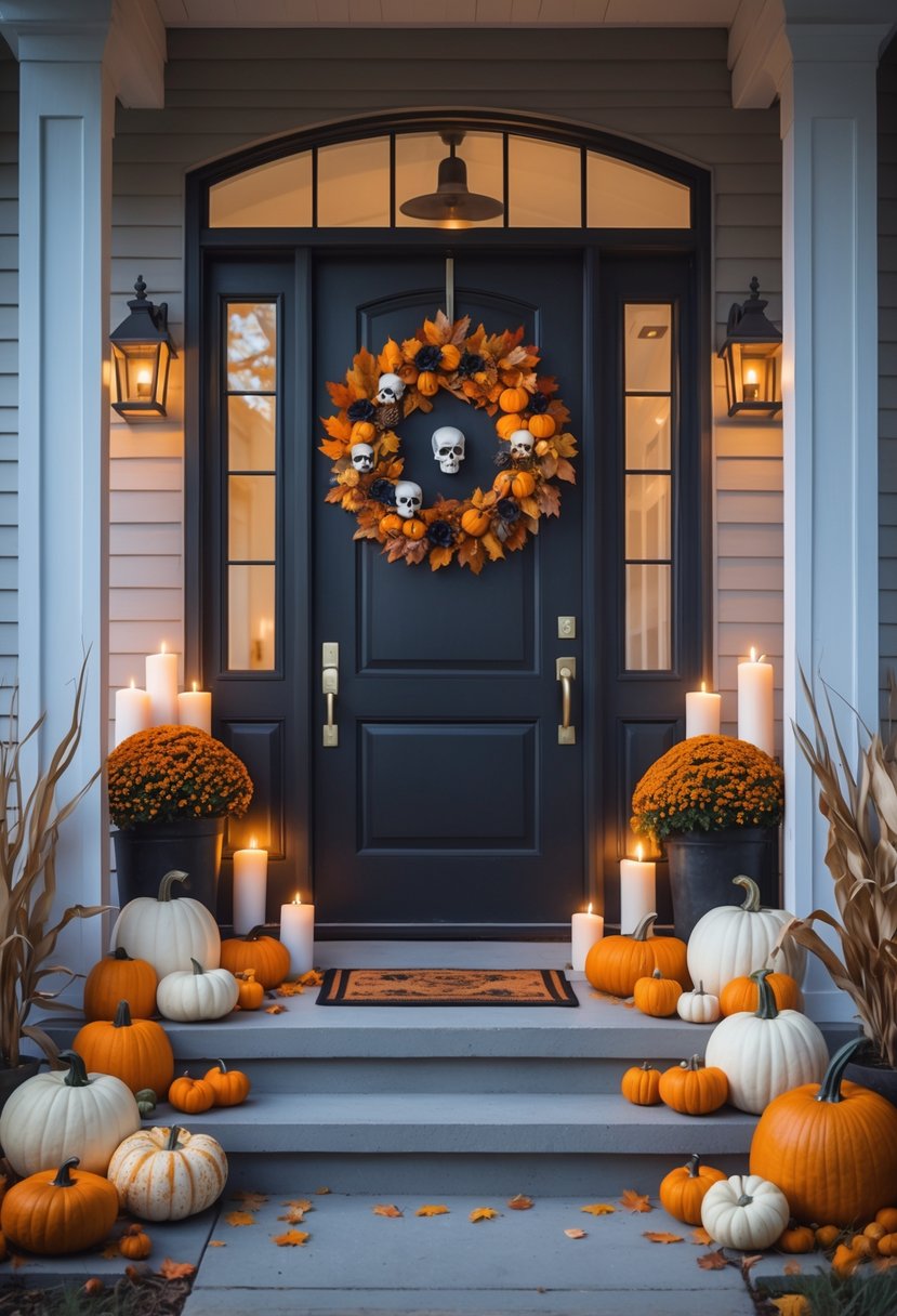 18 Halloween Home Entry Ideas 2025: Creative Ways to Welcome Guests This Spooky Season 21 A front door decorated with autumn wreath, pumpkins, lanterns, and fall flowers on a porch.