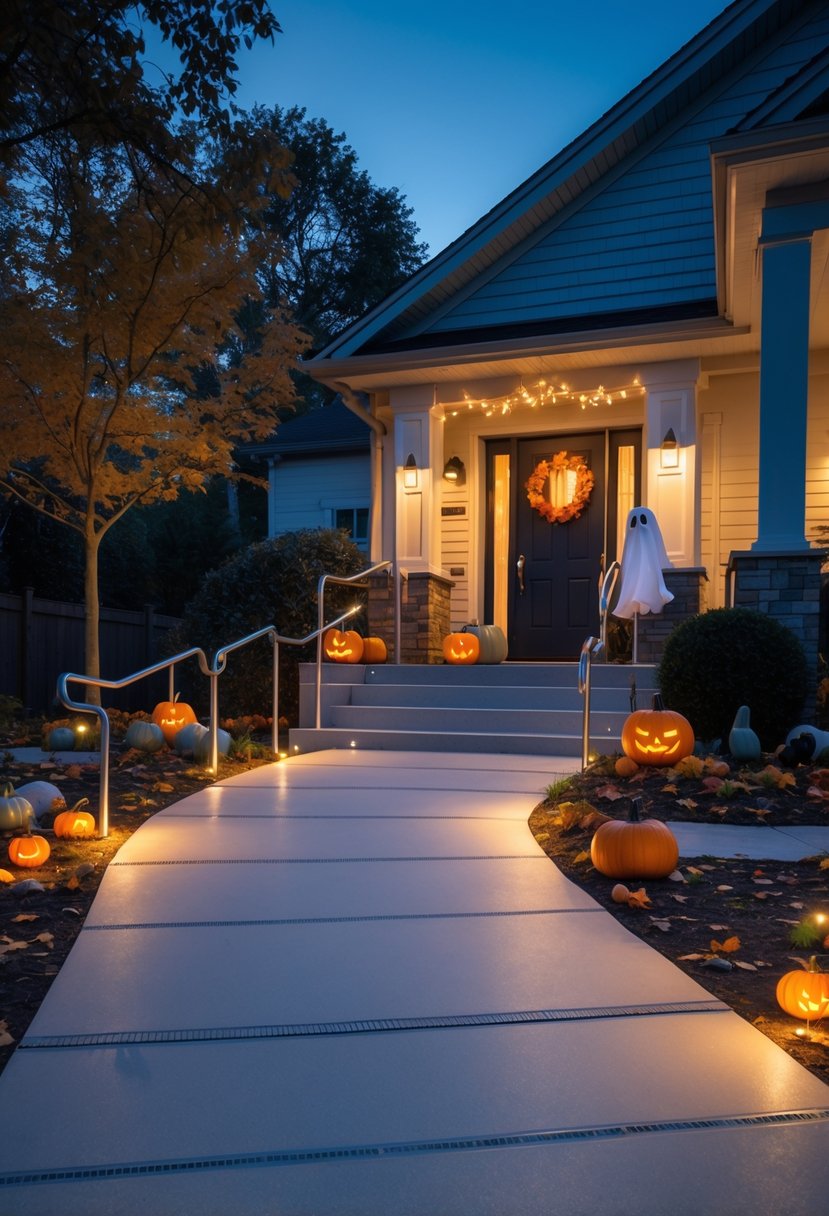 18 Halloween Home Entry Ideas 2025: Creative Ways to Welcome Guests This Spooky Season 22 A home's front entrance decorated for Halloween with pumpkins, friendly ghost decorations, handrails, and well-lit, clear pathways ensuring safe and easy access.