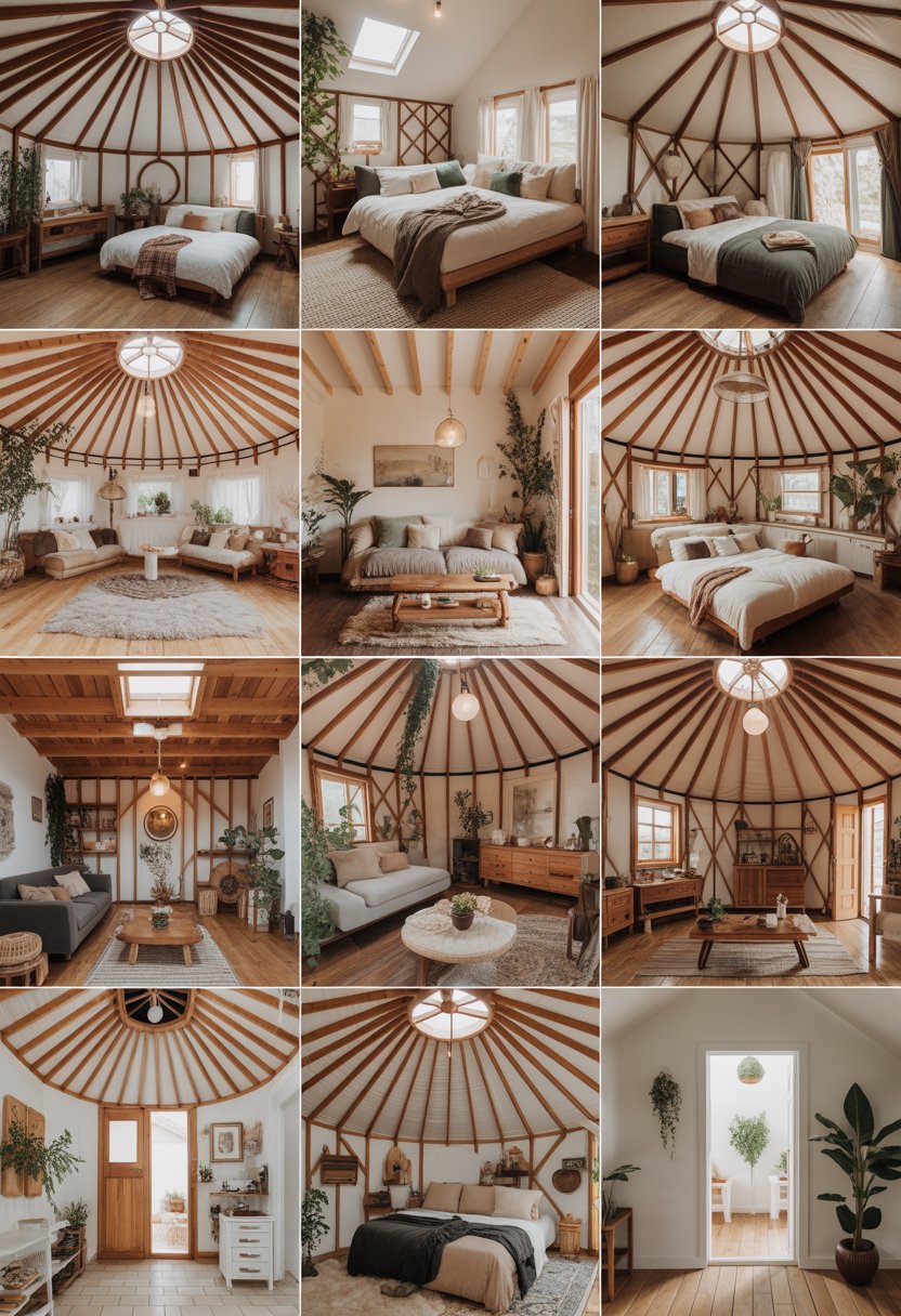 A collage of 13 different yurt loft interiors showing cozy wooden beams, skylights, furniture, plants, and warm lighting.
