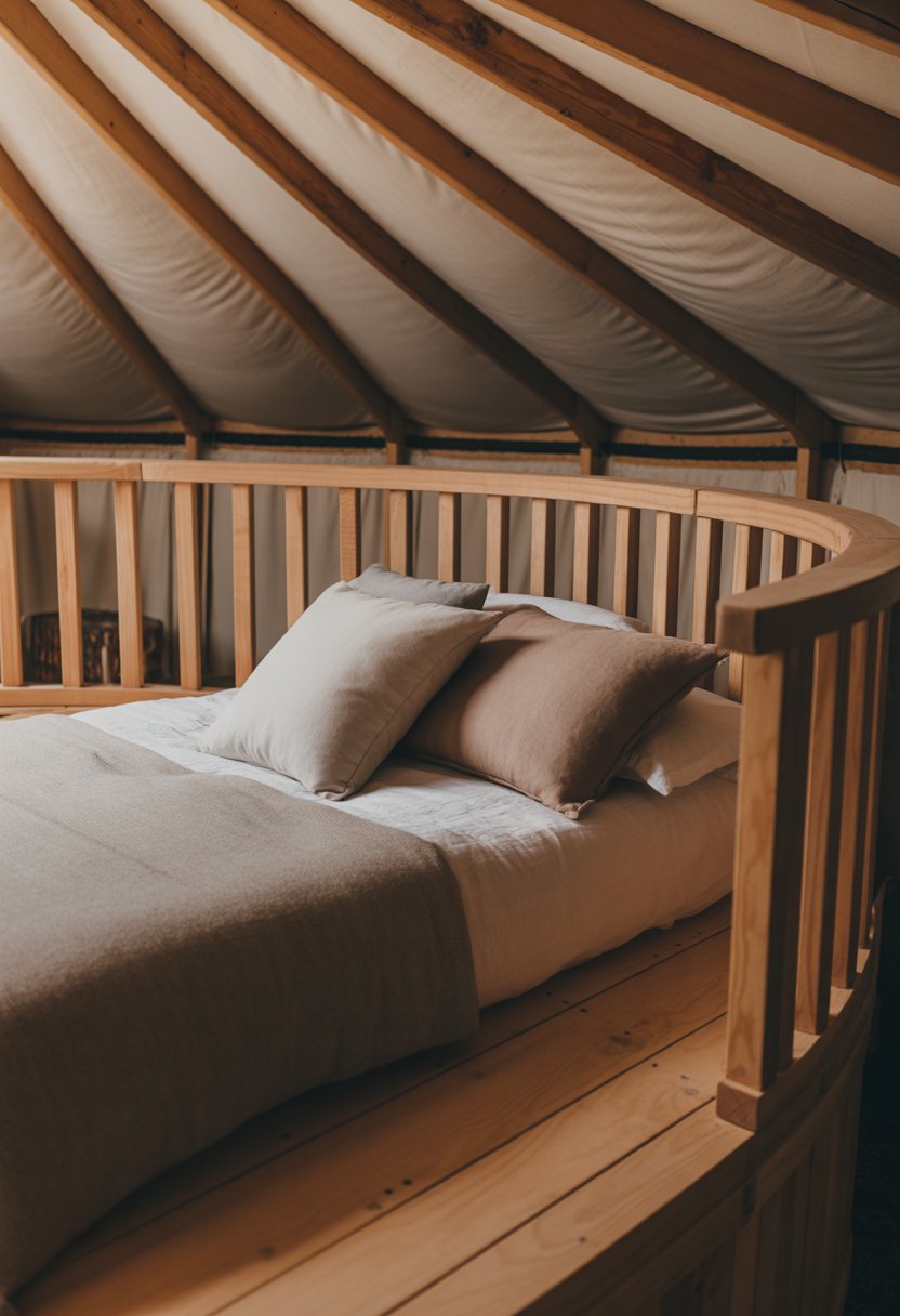 A cozy loft bedroom inside a yurt with a wooden safety railing around the bed.