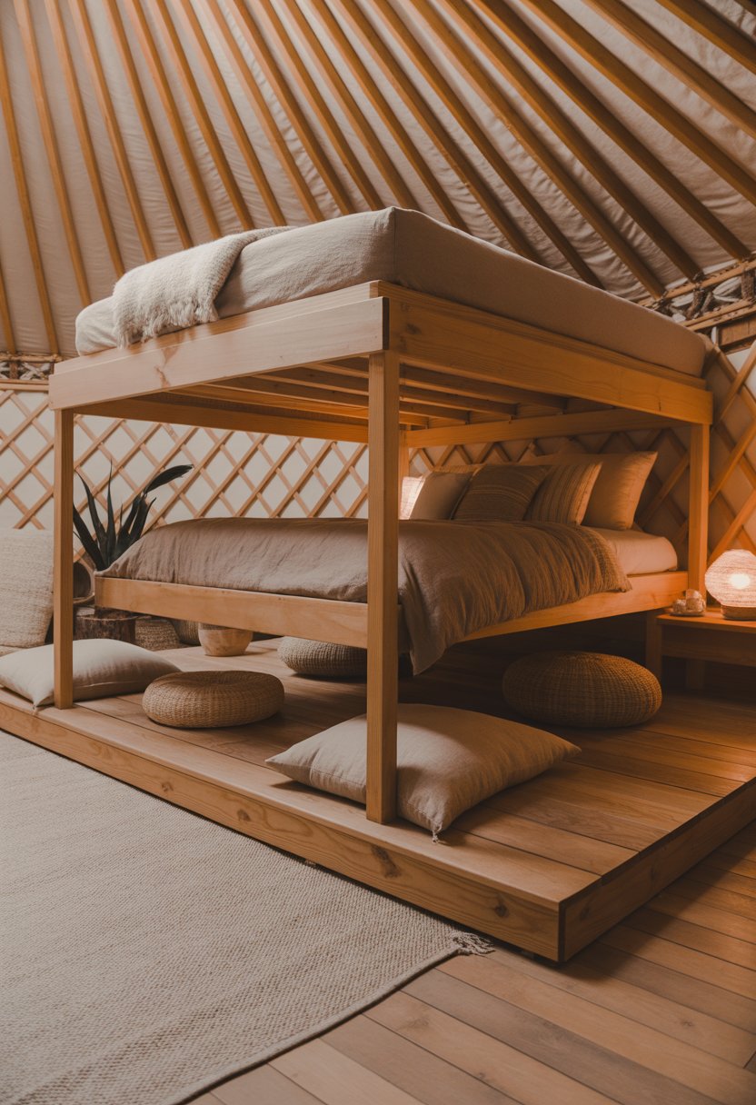 Raised platform bed inside a yurt with a seating area underneath, featuring wooden walls and cozy cushions.