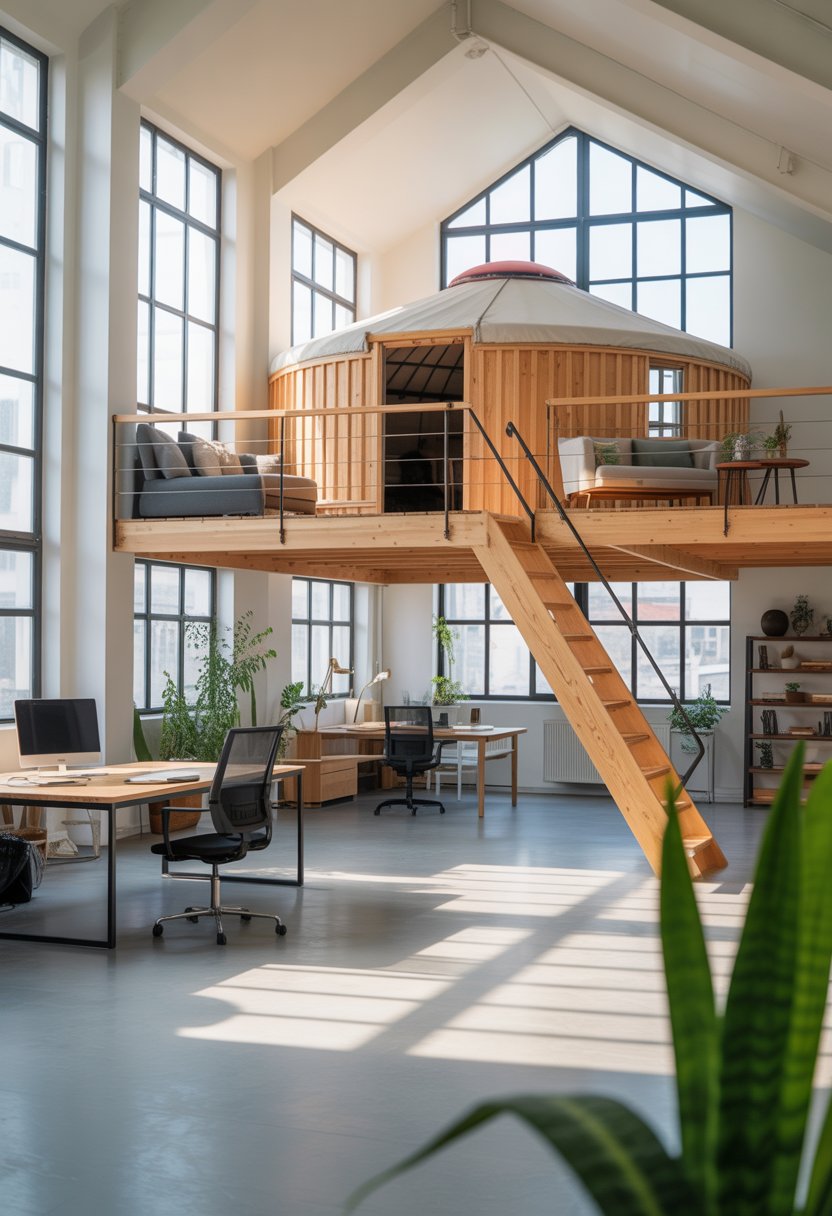 Spacious loft office with tall ceilings, a wooden loft area accessed by stairs, desks, chairs, and plants in a bright open workspace.