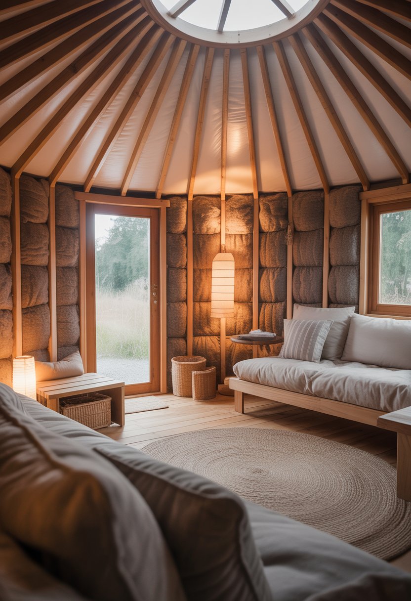 Interior view of a cozy yurt loft with insulated walls, wooden beams, seating area, and natural light coming through windows.