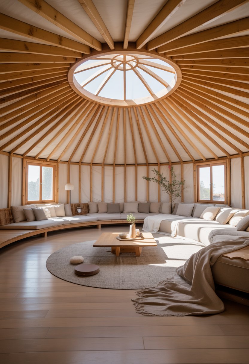 An open loft interior with circular wooden beams, large windows, and cozy seating arranged in a round layout.